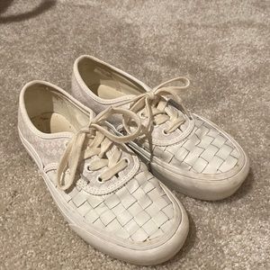 White Checkered Woven Leather Platform Vans - 7.5